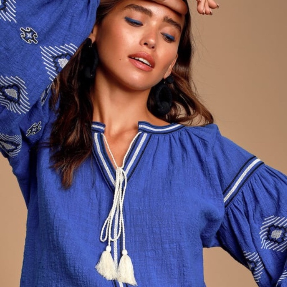 Royal Blue Embroidered Peasant Balloon Sleeve Top